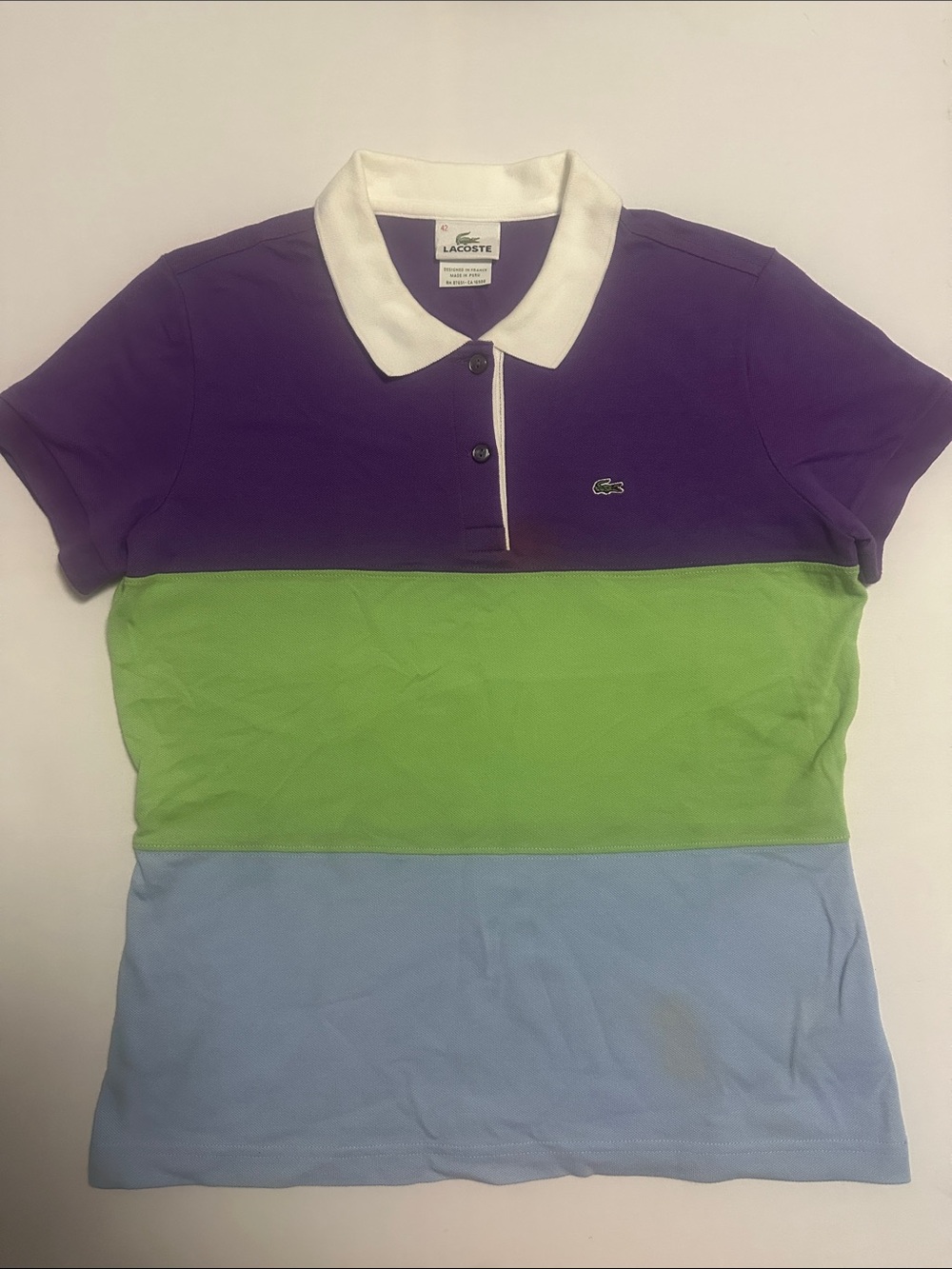 Lacoste Tri-Color Block Polo in Purple, Green & Light Blue with White Collar
